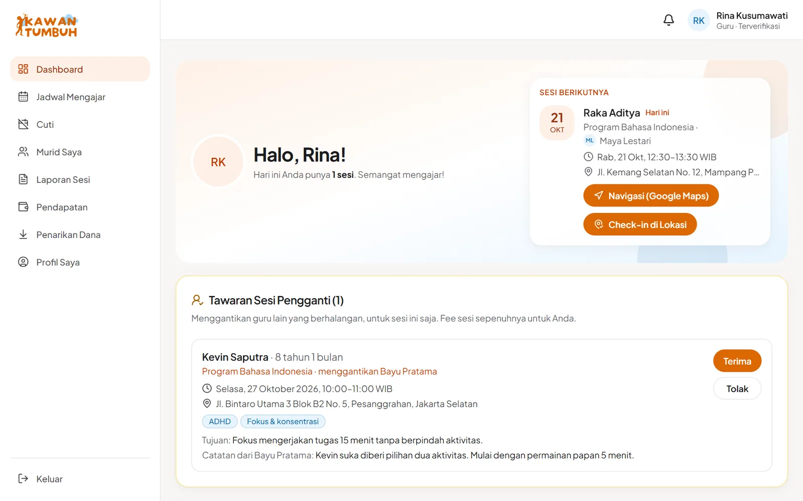 Dashboard guru: sapaan, sesi berikutnya, dan tawaran yang menunggu jawaban