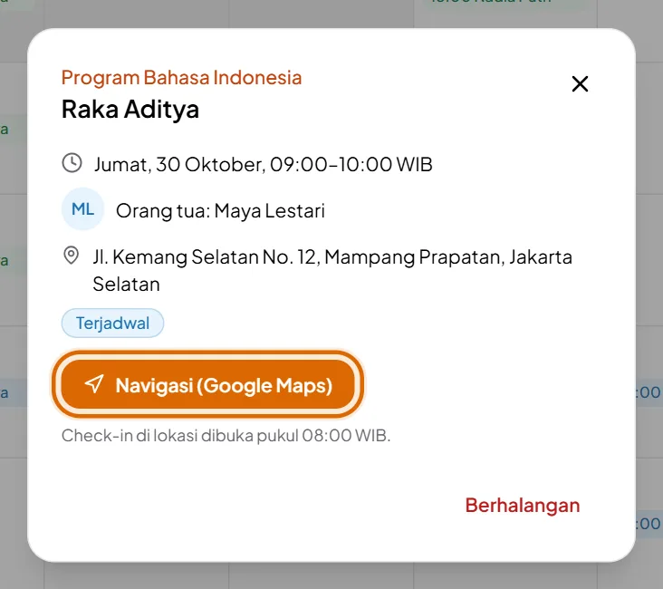 Detail sesi dengan tombol Navigasi (Google Maps) dan Berhalangan