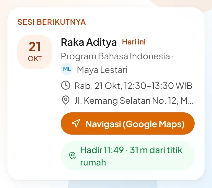 Setelah check-in: Hadir 11.49, 31 m dari titik rumah