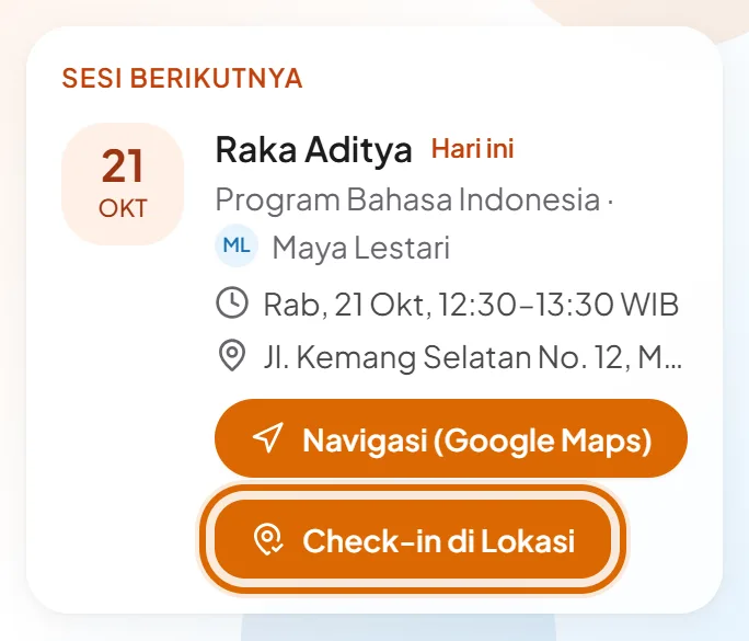 Kartu Sesi berikutnya di HP dengan tombol Check-in di Lokasi