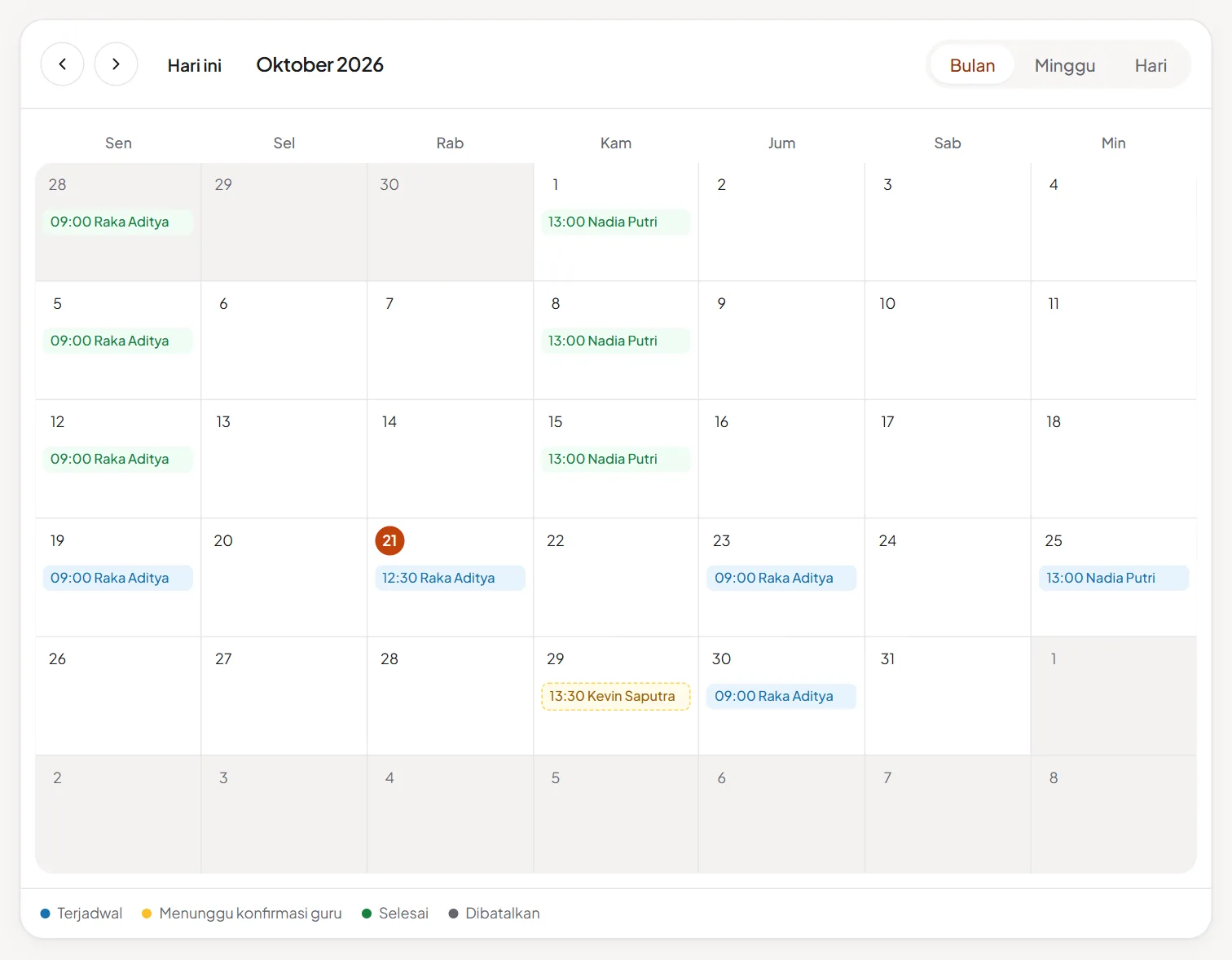 Kalender bulanan Jadwal Mengajar