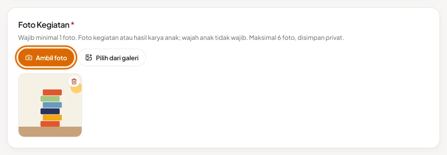 Bagian Foto Kegiatan dengan tombol Ambil foto dan Pilih dari galeri
