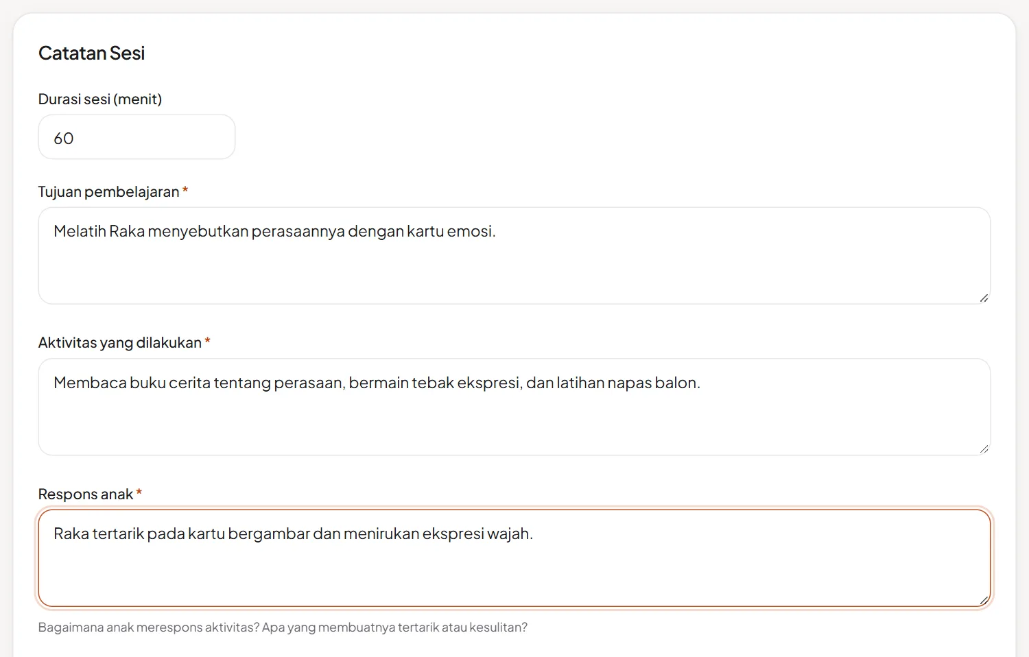 Isian catatan sesi: tujuan pembelajaran, aktivitas, dan respons anak
