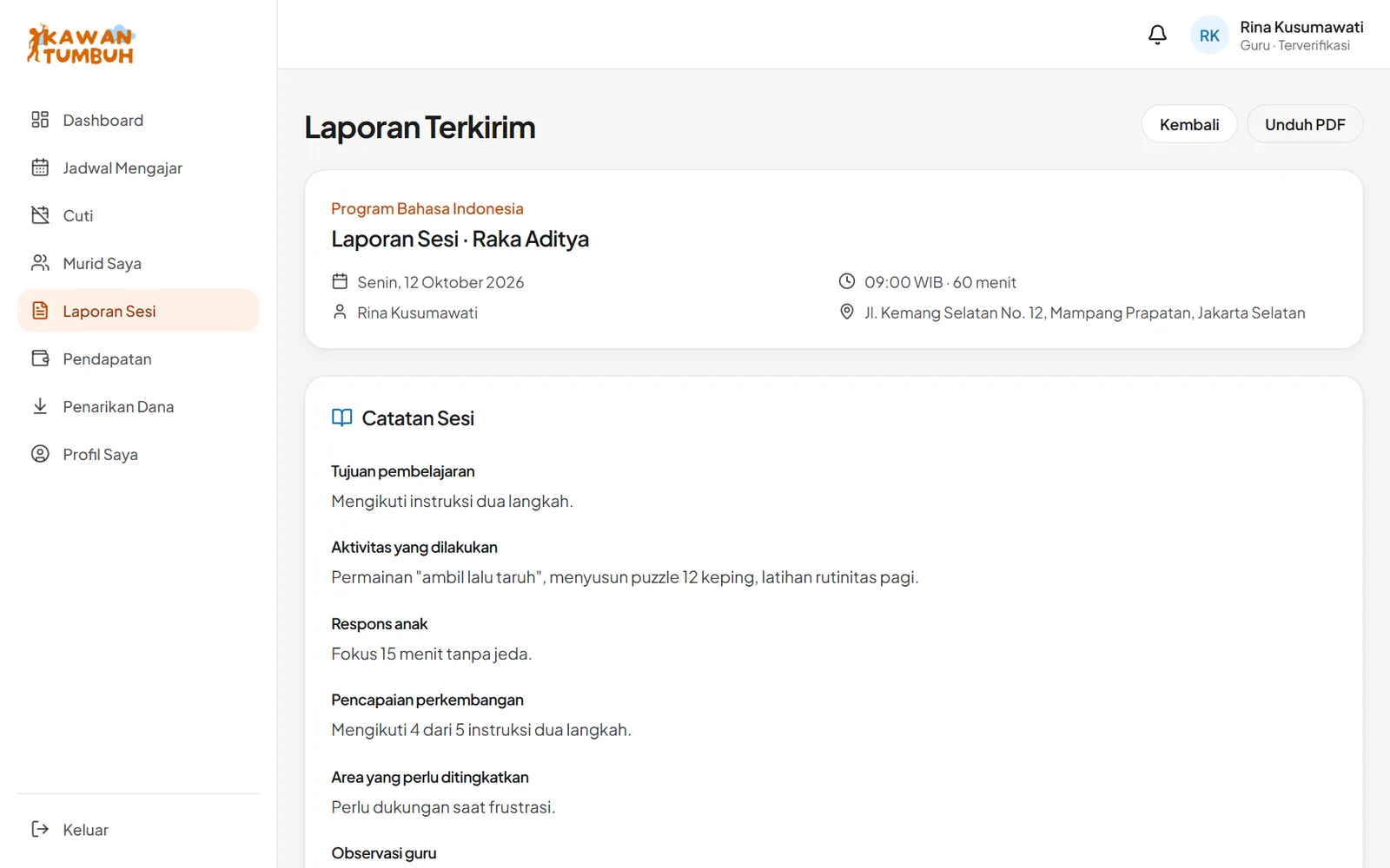 Tampilan laporan yang sudah terkirim