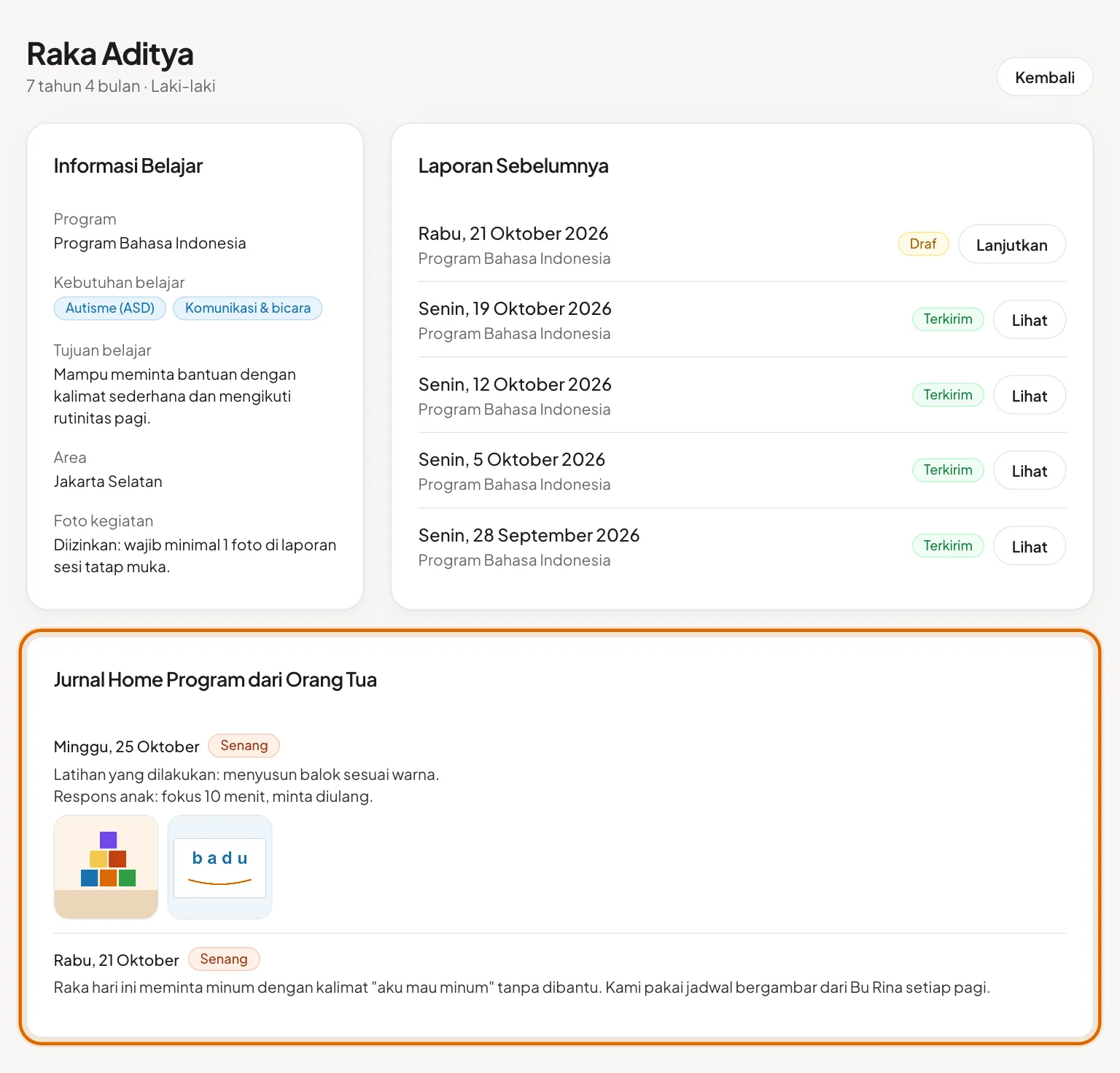 Profil murid dengan informasi belajar, laporan sebelumnya, dan Jurnal Home Program dari orang tua