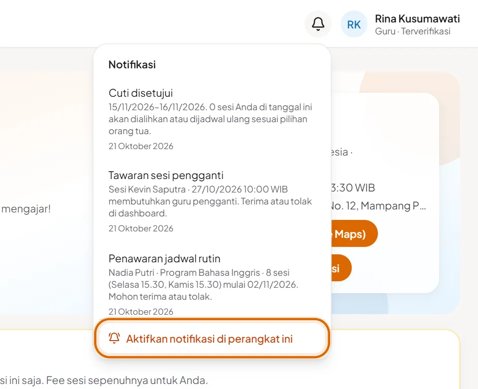 Menu notifikasi terbuka dengan tombol Aktifkan notifikasi di perangkat ini
