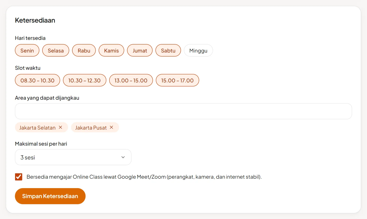 Bagian Ketersediaan: hari tersedia, slot waktu, area, maksimal sesi per hari