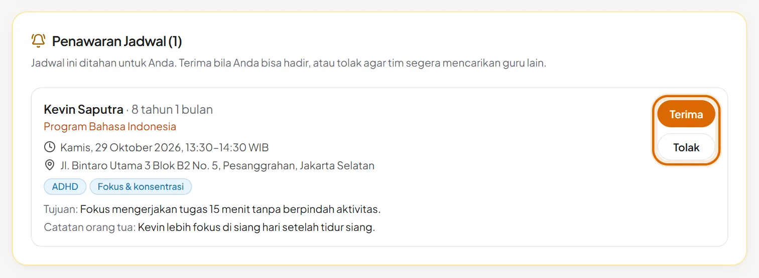 Kartu Penawaran Jadwal dengan tombol Terima dan Tolak
