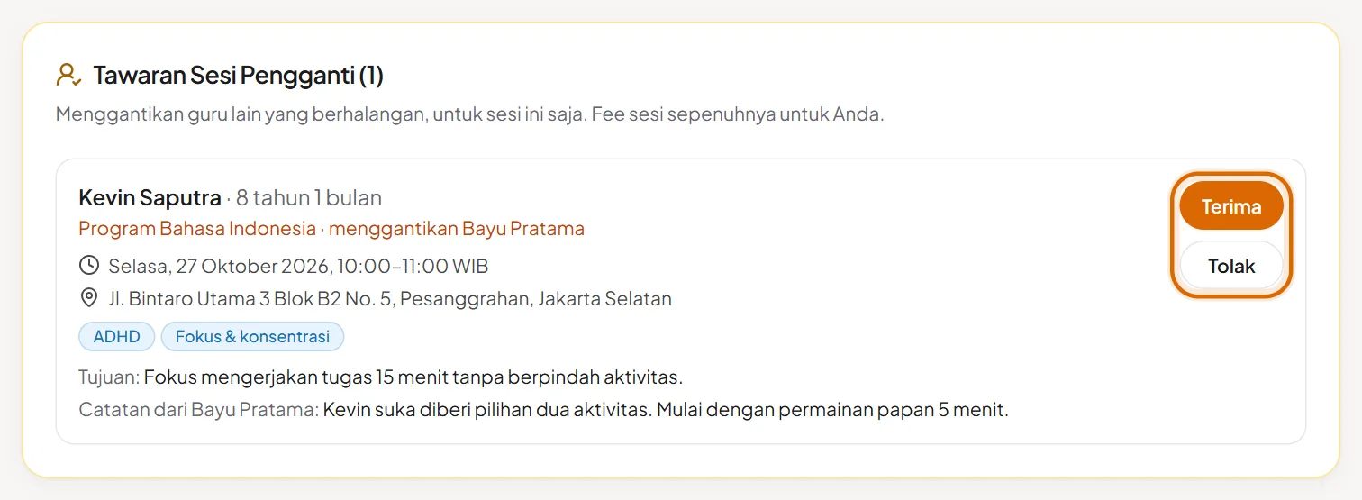 Kartu Tawaran Sesi Pengganti dengan catatan dari guru sebelumnya