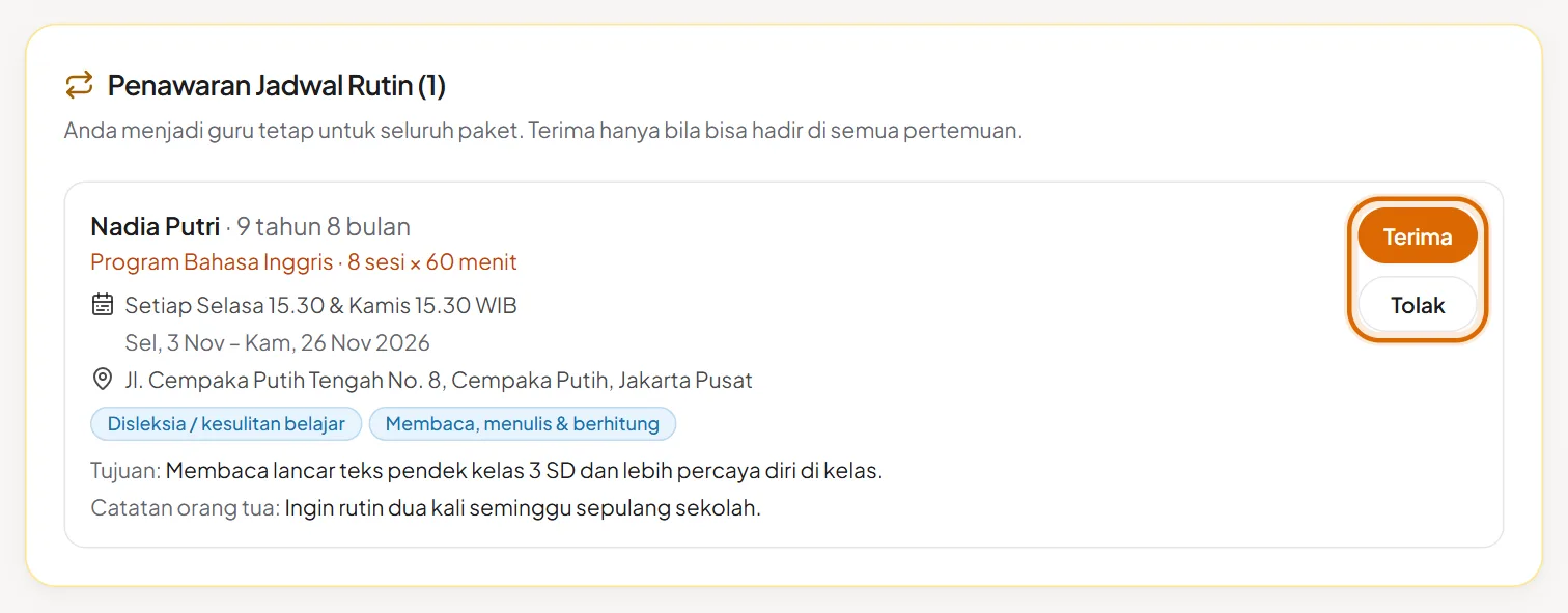 Kartu Penawaran Jadwal Rutin: 8 sesi setiap Selasa dan Kamis