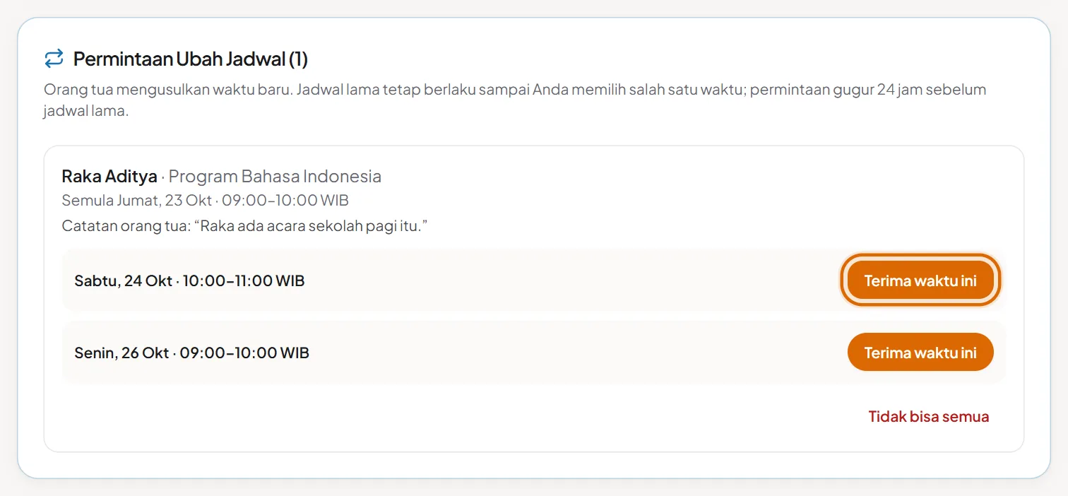 Permintaan Ubah Jadwal dengan dua pilihan waktu dan tombol Terima waktu ini