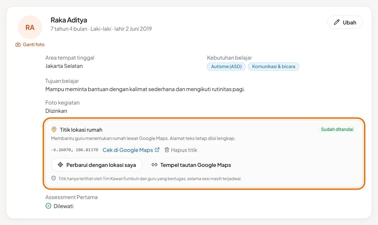 Profil Anak dengan bagian Titik lokasi rumah yang disorot