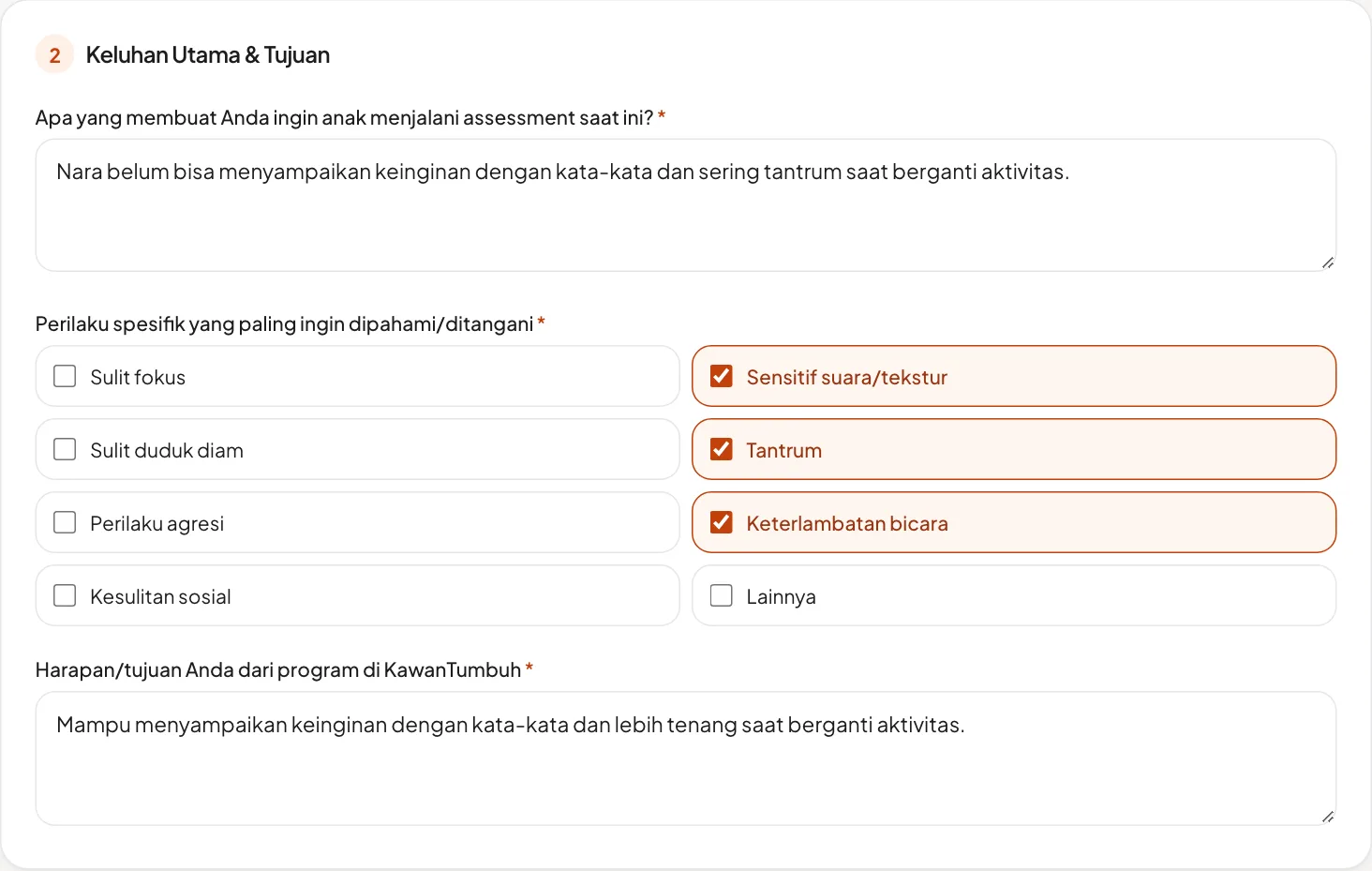 Bagian Keluhan Utama & Tujuan pada Formulir Assessment Awal, dengan beberapa pilihan perilaku dicentang