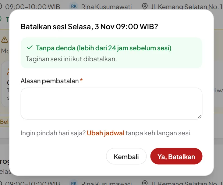 Dialog Batalkan sesi: tanpa denda lebih dari 24 jam sebelum sesi