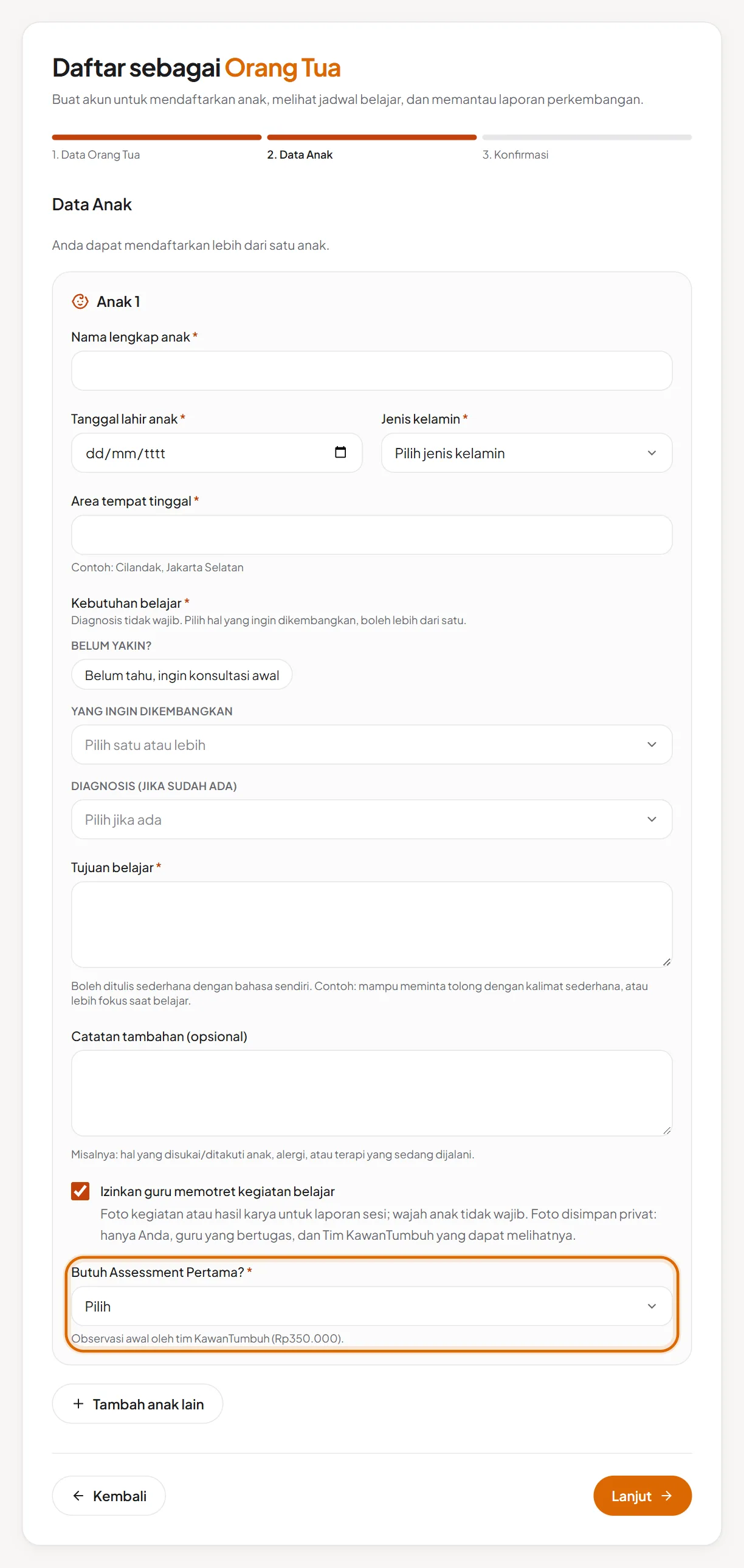 Langkah 2 Data Anak, dengan pertanyaan Butuh Assessment Pertama