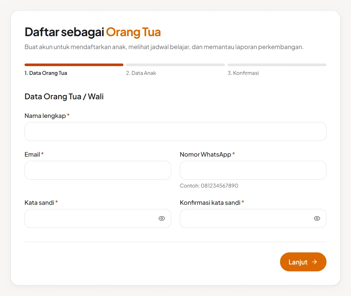 Formulir Daftar sebagai Orang Tua, langkah 1 Data Orang Tua