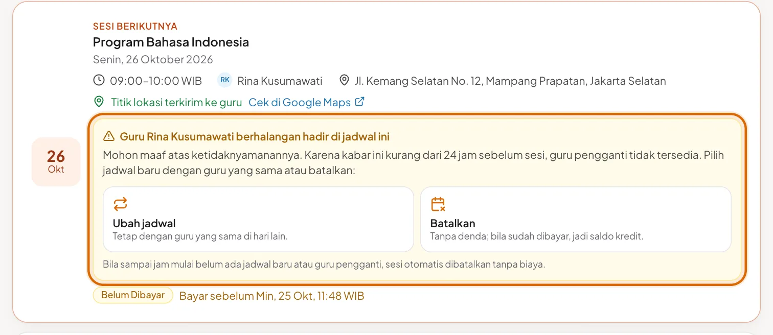 Guru berhalangan mendadak: pilihan Ubah jadwal dan Batalkan