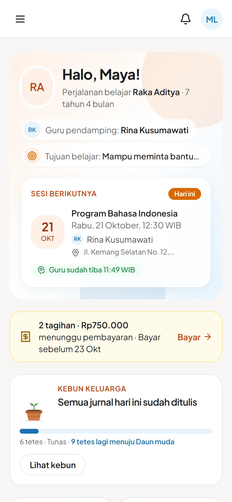 Dashboard orang tua di HP