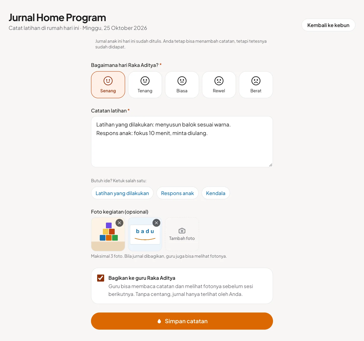Formulir Jurnal Home Program dengan catatan latihan dan foto kegiatan