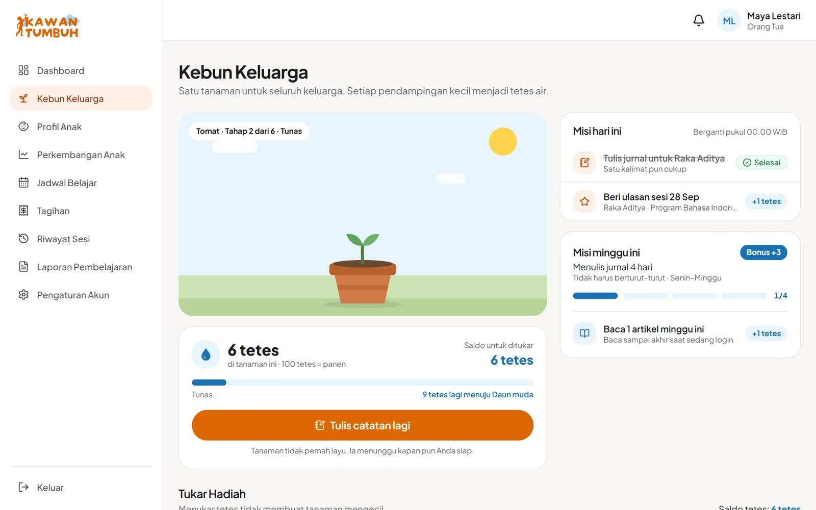 Halaman Kebun Keluarga: tanaman, jumlah tetes, misi hari ini, misi minggu ini