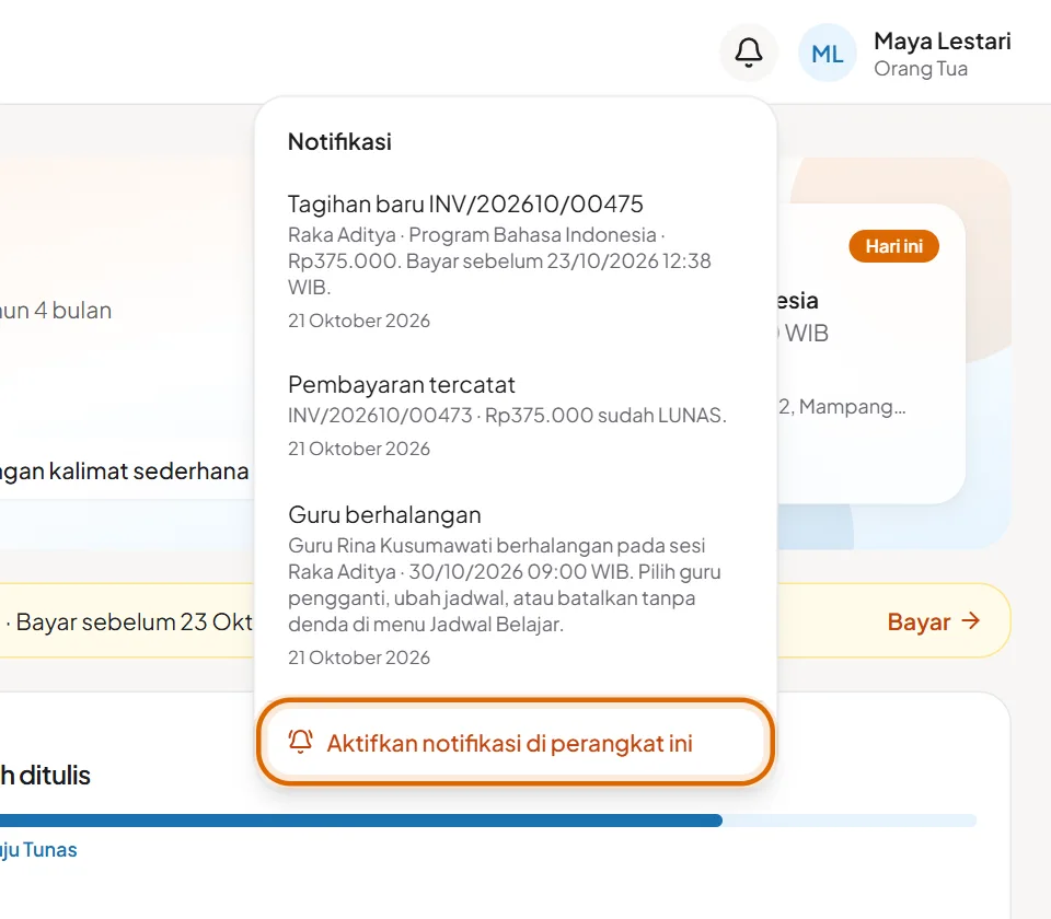 Menu notifikasi dengan tombol Aktifkan notifikasi di perangkat ini