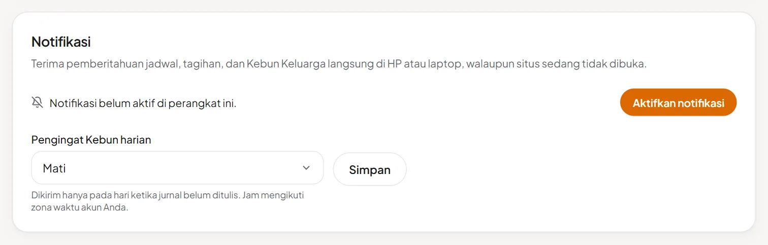 Bagian Notifikasi: aktifkan notifikasi dan pengingat Kebun harian