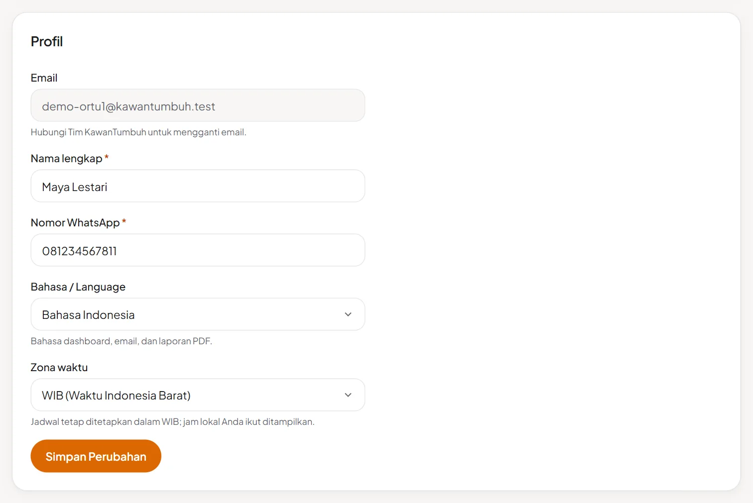 Bagian Profil di Pengaturan Akun: email, nama, nomor WhatsApp, bahasa, zona waktu