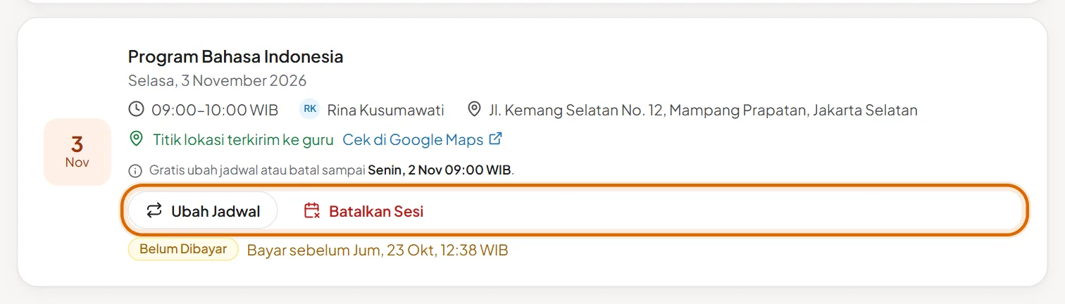 Kartu sesi dengan tombol Ubah Jadwal dan Batalkan Sesi