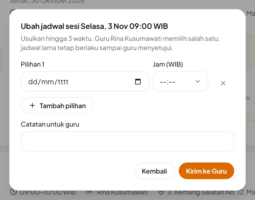 Dialog Ubah jadwal dengan pilihan tanggal dan jam