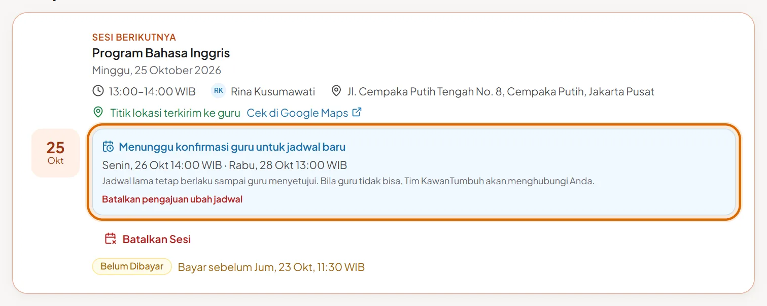 Kartu sesi dengan status Menunggu konfirmasi guru untuk jadwal baru