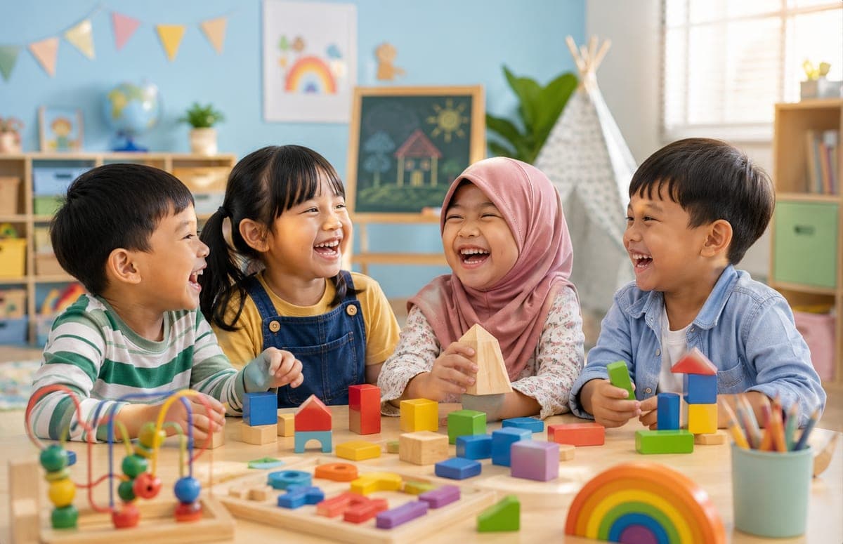 Empat anak tertawa bersama sambil bermain balok warna-warni